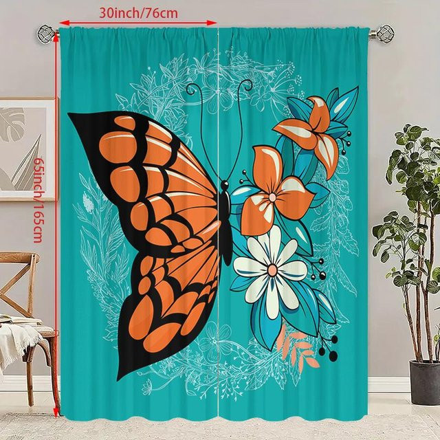 2er-Set bedruckte Vorhänge mit Blumen- und Schmetterlingsmuster in Schwarz und Türkis aus Polyester, halbtransparent, B: 60 cm, H: 150 cm - Bild 1
