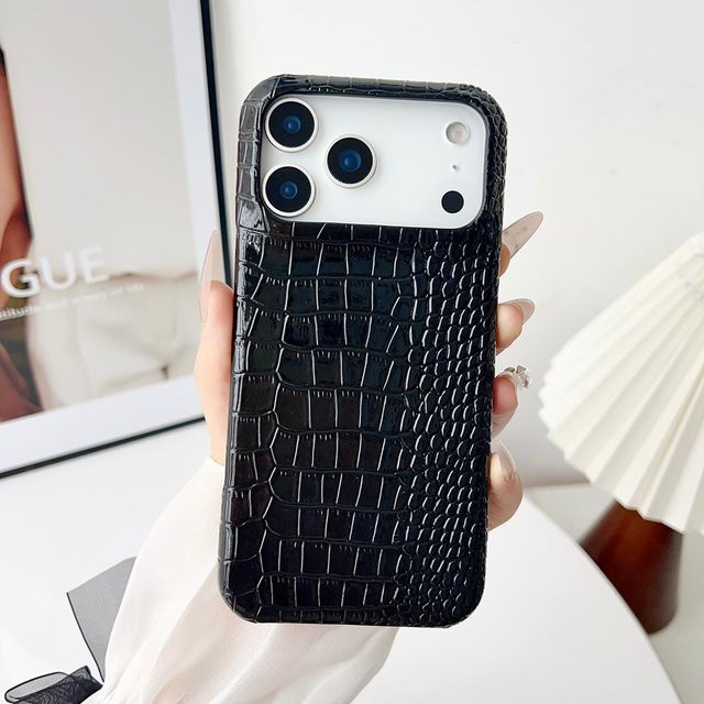 Stoßfeste Schutzhülle aus Kunstleder mit glänzendem Krokodilhautmuster für iPhone 17 16 15 14 Pro Max in Schwarz - Bild 1