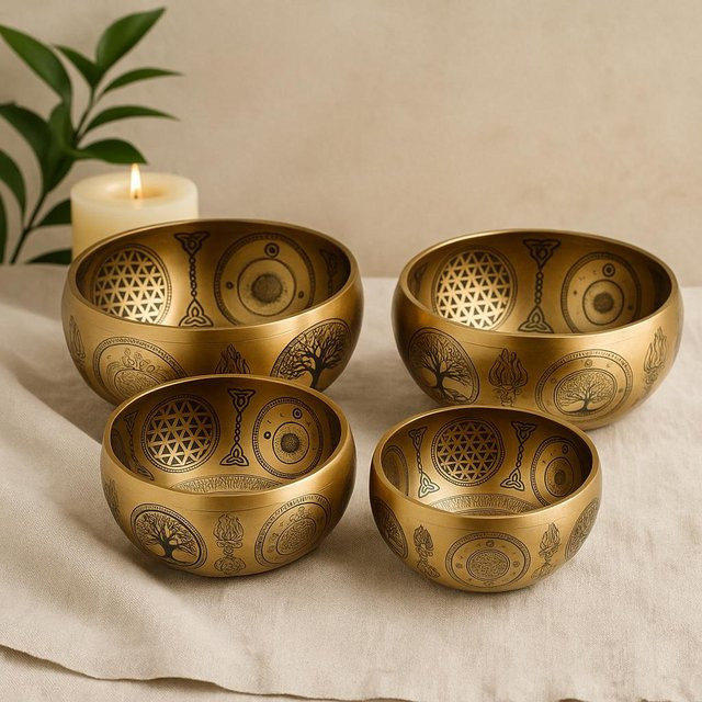 SHAMTAM Buddha Klangschalen Set aus handgeätztem Messing mit 4 Stück - Bild 1
