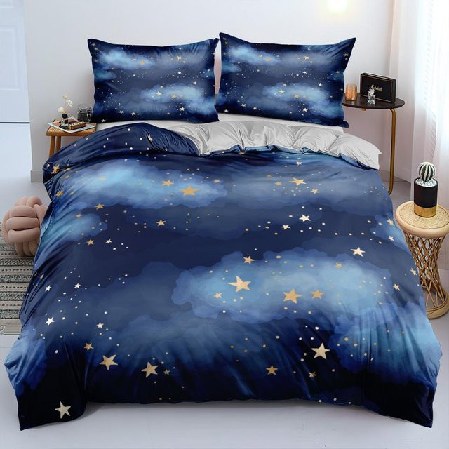 JMG Household Supplies Bettwäscheset Galaxy Dunkelblau mit Sternenhimmel aus Mikrofaser, 2-teilig, B: 133 cm, H: 70 cm - Bild 1