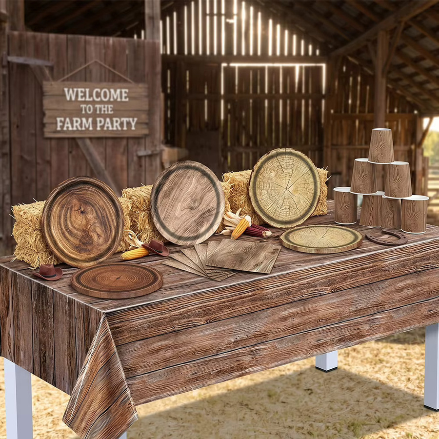EsenTroye Rustikales Tischset im Western-Farmhouse-Stil mit Holzmaserung in Braun: Pappteller, Servietten und Becher für deine Landhaus- und Cowboy-Party-Dekoration - Bild 4