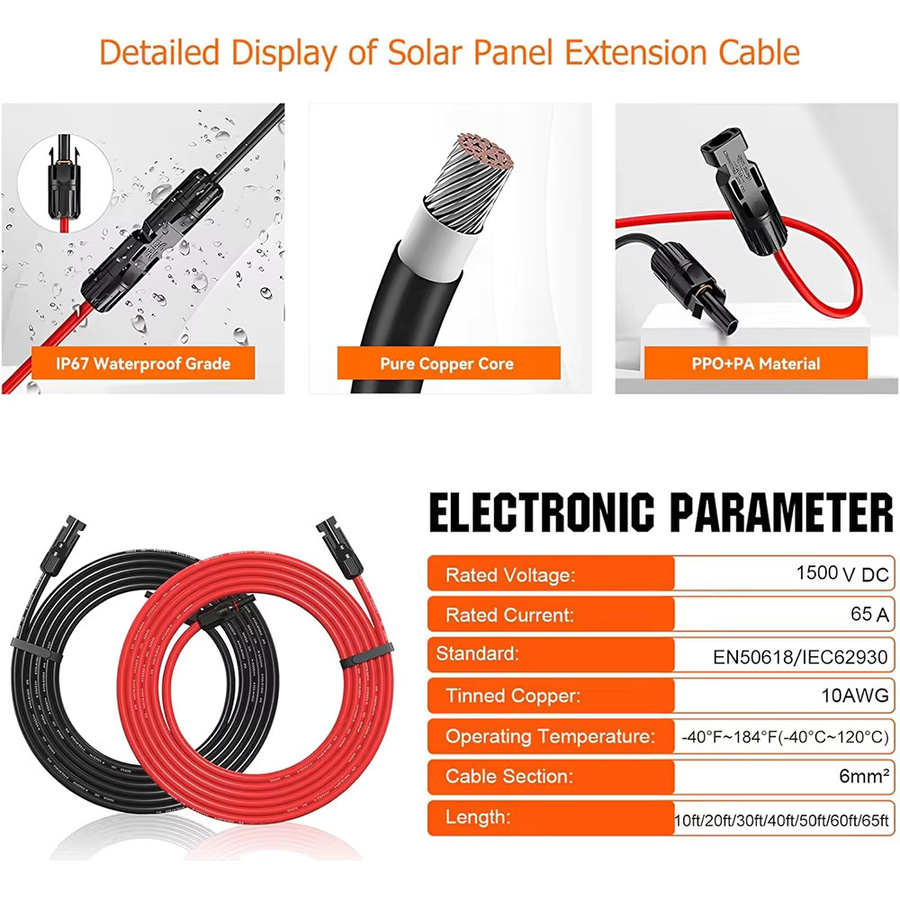 PowMr Solarkabel PV-Photovoltaik-Kabel 10AWG 6mm² TÜV-zertifiziert in Rot und Schwarz - Bild 2
