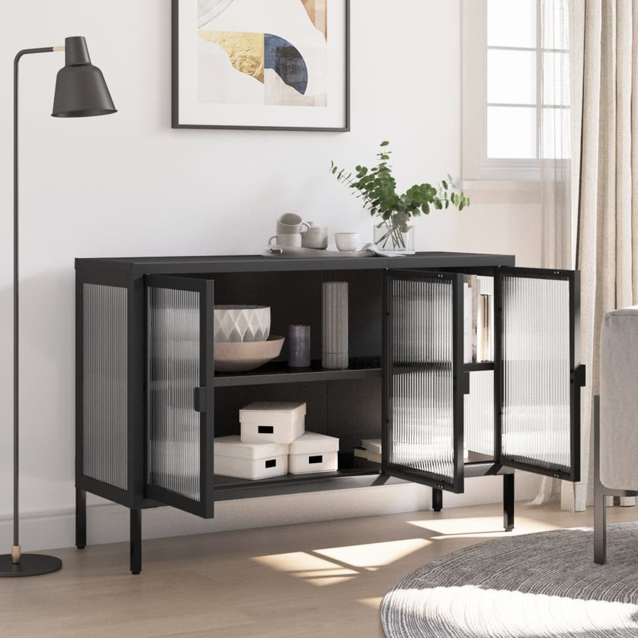 vidaXL Sideboard Schwarz aus Glas und Stahl mit Riffelglas, B/T/H: 105 x 35 x 70 cm - Bild 5