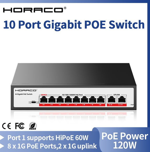 HORACO 10-Port Gigabit PoE-Switch mit 120 W Leistung für IP-Kameras und NVR, Schwarz - Bild 1