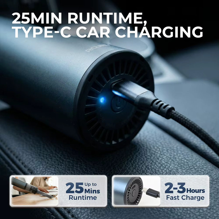 Rouny Kabelloser Handstaubsauger für das Auto in Grau mit 11kPa Saugkraft, bürstlosem Motor und USB-C Schnellladung, Gewicht: 336g - Bild 7