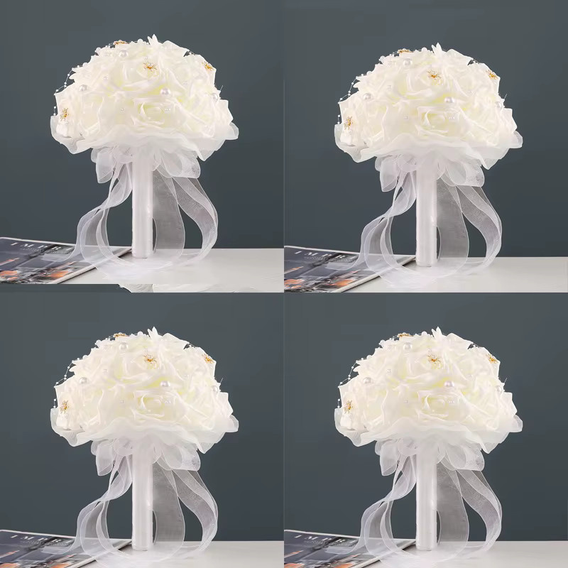 Weißer Brautstrauß aus Rosenblüten als floraler Simulationsstrauß für Hochzeiten und Verlobungen, Textil, Rund - Bild 2