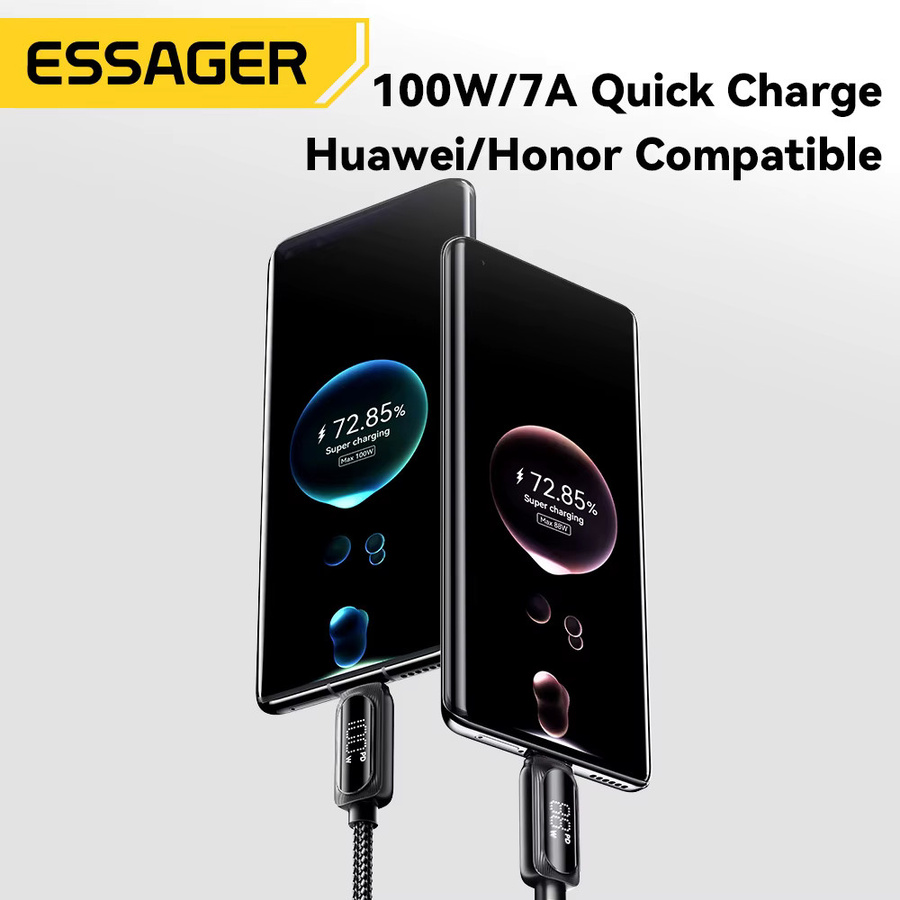 Essager 100W USB-auf-Typ-C-Schnellladekabel mit digitaler Anzeige in Schwarz - Bild 3