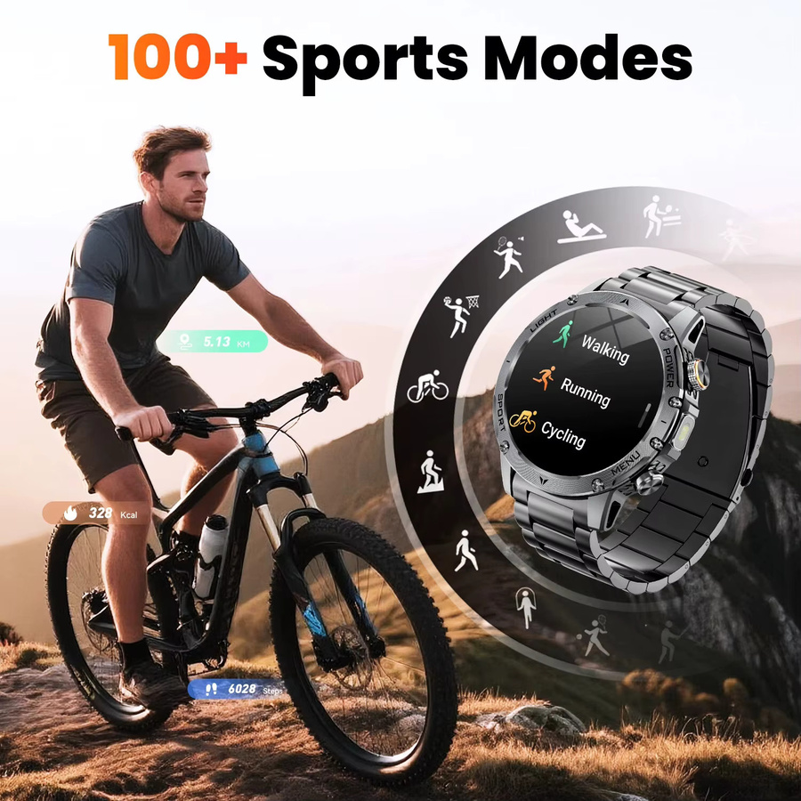 GUHUAVMI Militär-Smartwatch in Schwarz mit 1,7 Zoll Ultra-HD-Bildschirm, Bluetooth-Anruffunktion, IP68K Wasserdichtigkeit und Herzfrequenzmessung für Android - Bild 5