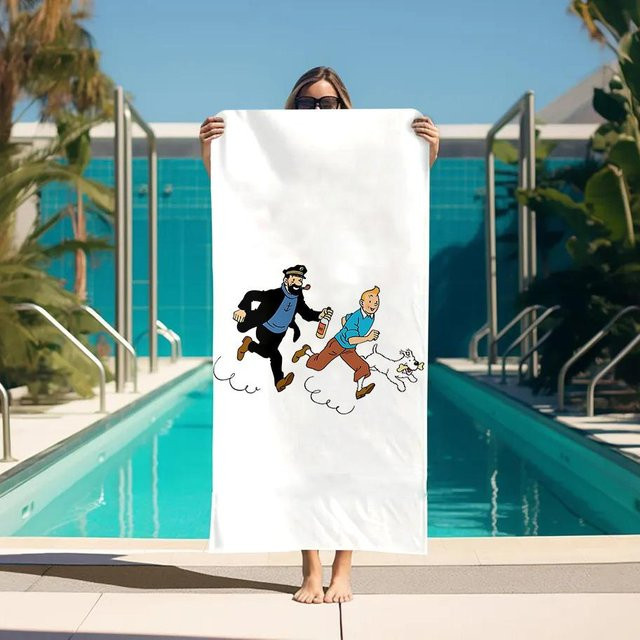 Strandtuch und Haarturban Set Abenteuer von Tim und Struppi in Weiß, B: 45 cm, H: 90 cm - Bild 1