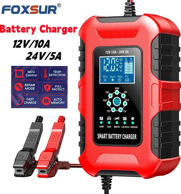 FOXSUR Intelligentes Autobatterie-Ladegerät für 12V/10A und 24V/5A, Vollautomatisches AGM- und Nassbatterie-Ladegerät in Rot - Bild 1