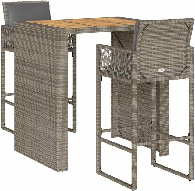 vidaXL 3-teiliges Gartenbar-Set aus Poly-Rattan und Akazienholz in Grau mit Kissen - Bild 1