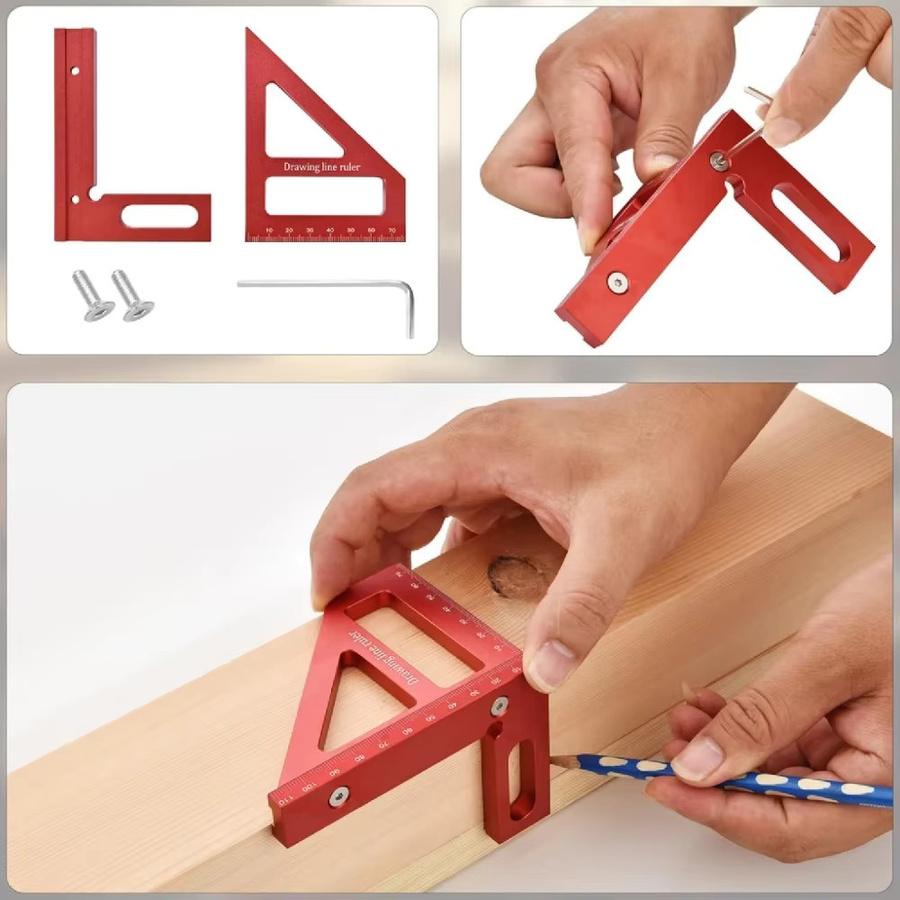 FNICEL Aluminium-Mehrwinkel-Messlineal in Rot als quadratischer Winkelmesser für die Holzbearbeitung mit 45° und 90° Winkeln - Bild 4