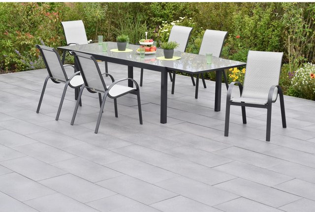 Merxx Gartenmöbelset Amalfi 7-teilig aus Aluminium und Textil in Grau mit ausziehbarem Tisch und 6 Stapelsesseln, Tisch B: 200 cm, T: 110 cm, H: 75 cm - Bild 4