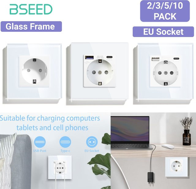 BSEED Einzelsteckdose mit USB-C-Anschluss, Wandmontage mit Glasrahmen, Weiß, 86 mm x 86 mm - Bild 1