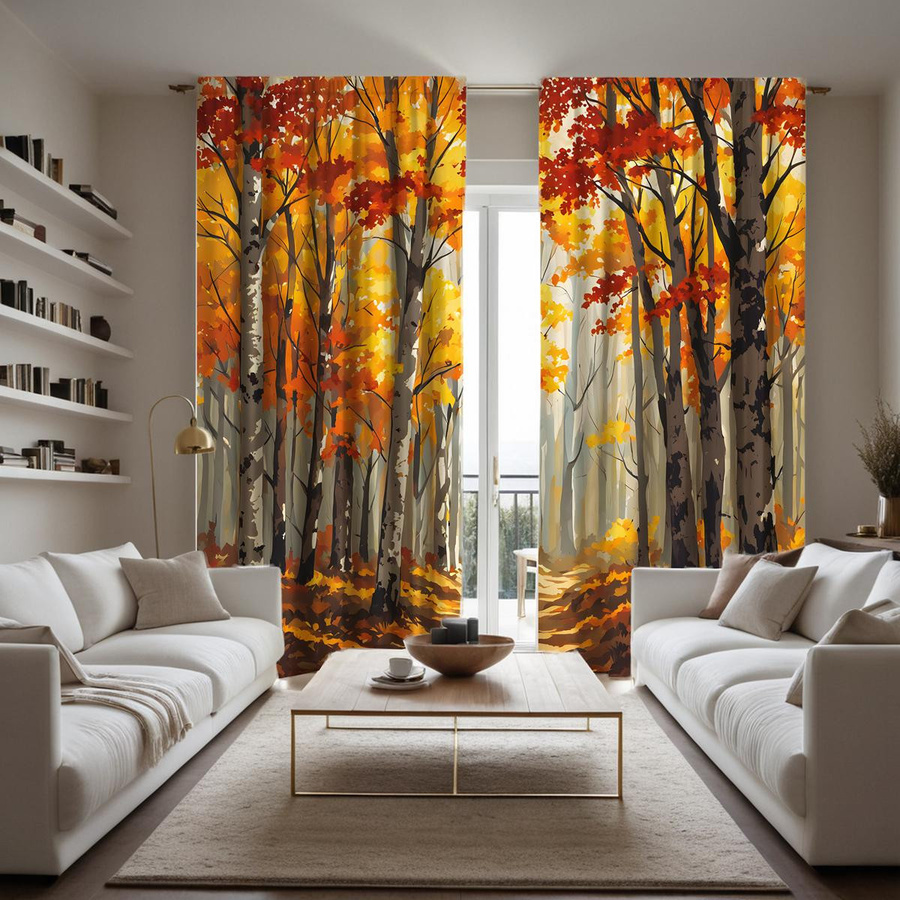 2er-Set Bindegardinen Herbstwald mit Ahorn-Motiv in Gelb, digital bedruckte Vorhänge für Wohnzimmer und Schlafzimmer, B: 132 cm, H: 160 cm - Bild 2