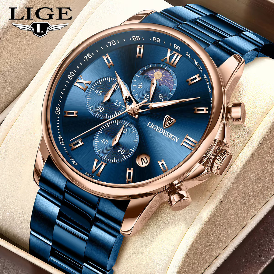 LIGE Armbanduhr Edelstahl, Quarz, Blau, Silber, Herren - Bild 6