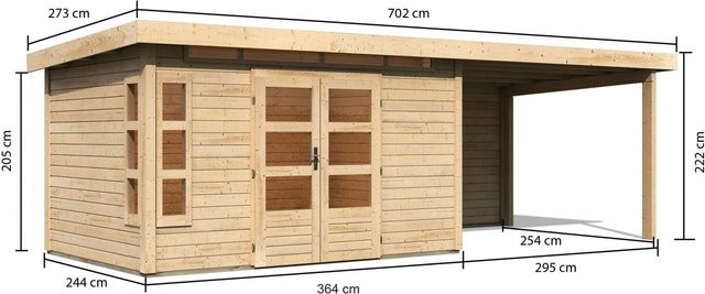 Gartenhaus KASTORF 7 Naturbelassen mit Anbaudach und Rückwand, Wandstärke: 28 mm, B: 364 cm, T: 244 cm, inkl. 320 cm Anbaudach - Bild 1