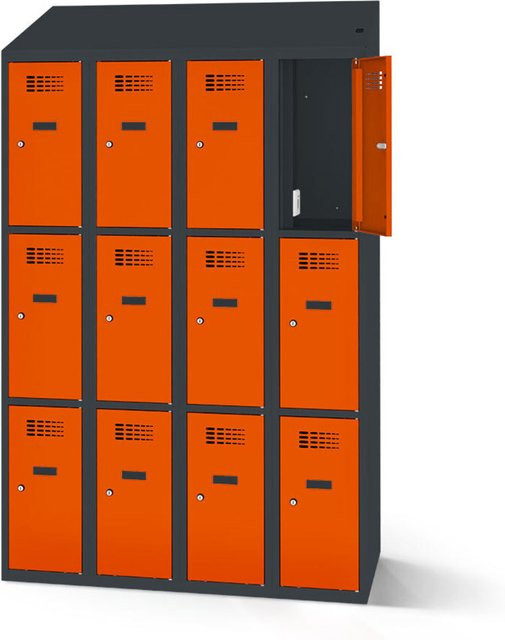 rotstahl Fächerschrank mit Ladefunktion in Orange und anthrazitgrauem Korpus, 12 Fächer (4x3), Breite: 120 cm, Höhe: 200 cm - Bild 1