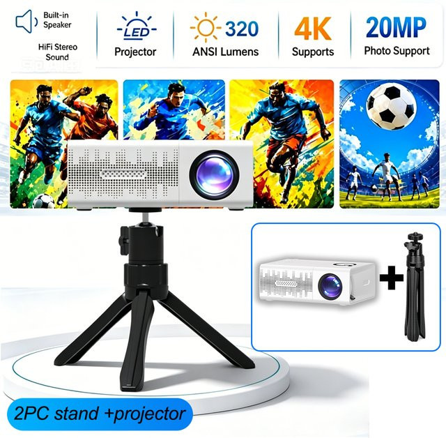 MAOHUTER MINI Tragbarer Projektor in Weiß mit 4K High-Definition-Videowiedergabe und Anschlüssen für HDMI, MicroSD, USB sowie 3,5-mm-Kopfhörer inklusive 2 Stativen - Bild 1