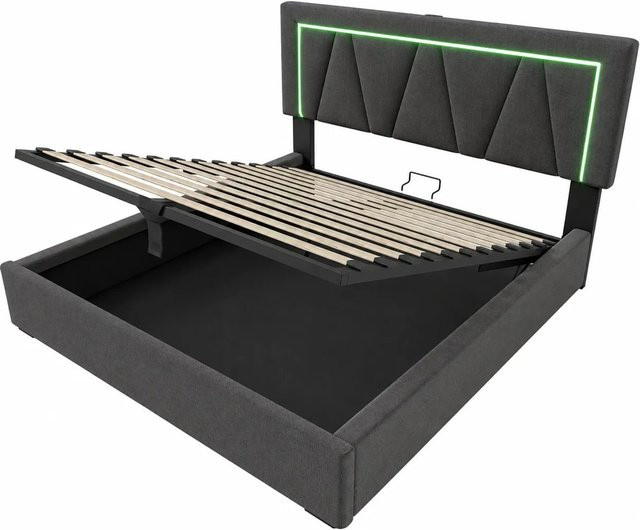 okwish Doppelbett mit Stauraum und LED-Beleuchtung in Grau inklusive Matratze, B/T/H: 140 x 200 x 47,2 cm - Bild 1