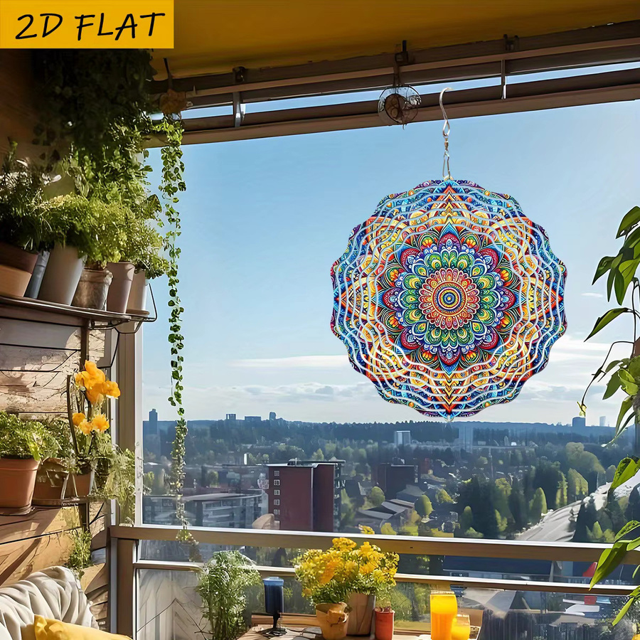 CIFBUY Rotierender Windspinner mit Mandala-Muster in Weiß und Multicolour, 25,4 cm Durchmesser, Hängende Gartendekoration aus Metall mit geometrischem Design - Bild 4