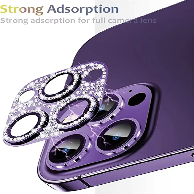 Bling 3D-Volldiamant-Kameraschutz aus Legierung und gehärtetem Glas für iPhone 16 15 14 Pro Max 13 in Silber oder Lila - Bild 2