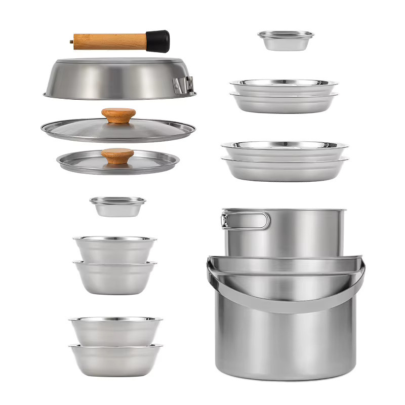 MOUNTAINHIKER Camping Geschirrset aus Edelstahl in Silber, 22-teiliges Outdoor Kochset mit Töpfen und Schüsseln - Bild 3
