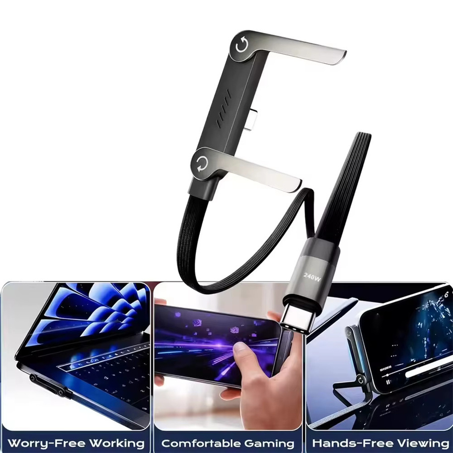 NNBILI USB-C zu USB-C Schnellladekabel mit 240W und faltbarer Desktop-Halterung, Schwarz - Bild 2