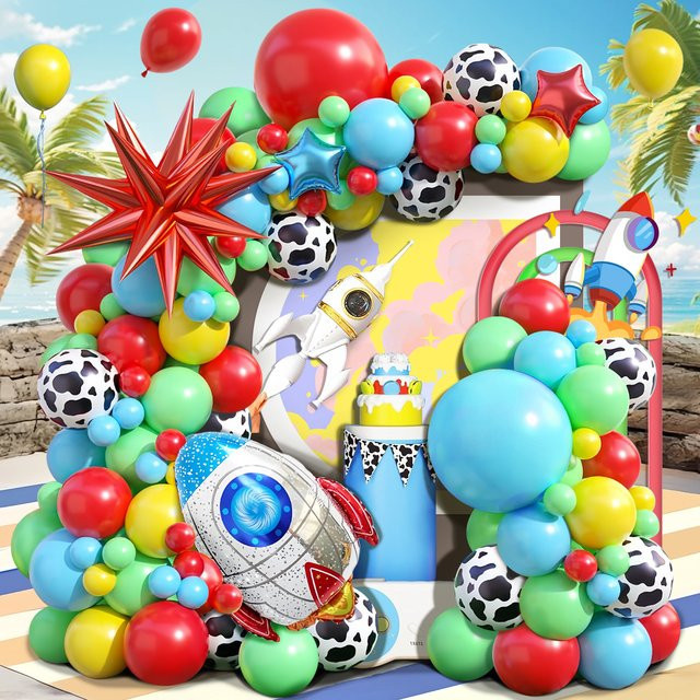 Suita 104-teiliges Ballon-Set mit Cartoon-Motiv und Sternraketen-Folienballon in Rot, Blau, Gelb und Grün - Bild 1