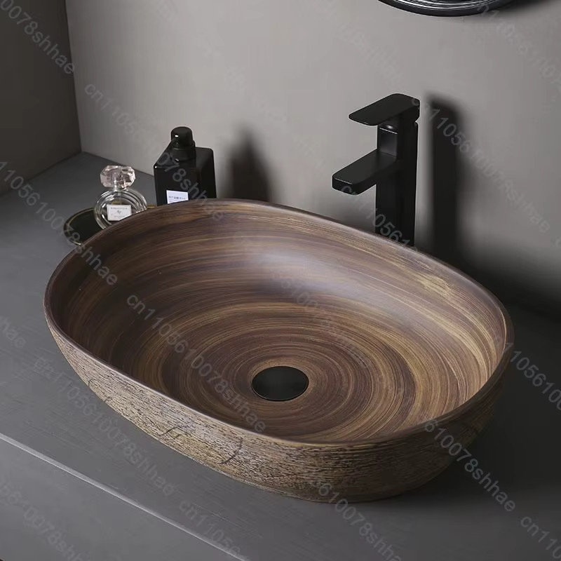 FIIBUU Aufsatzwaschbecken aus Keramik in Braun, ovales Vintage Waschbecken für das Badezimmer, B/T/H: 58 x 48 x 13 cm - Bild 2