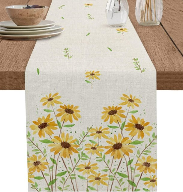 JMG Household Supplies Tischläufer aus Leinen mit weißem Gänseblümchen-Muster im Retro-Design, B: 150 cm, T: 33 cm - Bild 1