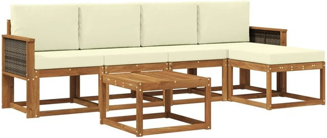 vidaXL Outdoor-Sofagarnitur L-Form aus Akazienholz mit 6 Kissen in Beige und Weiß - Bild 1