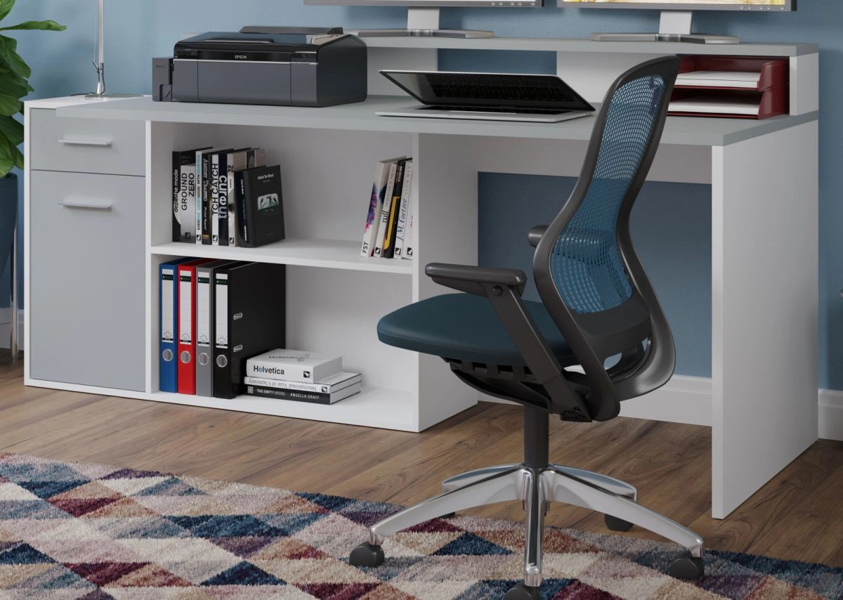 Eckschreibtisch Sektor in Weiß und Grau, moderner Schreibtisch aus MDF und Metall, Breite: 160 cm, Tiefe: 92 cm - Bild 2