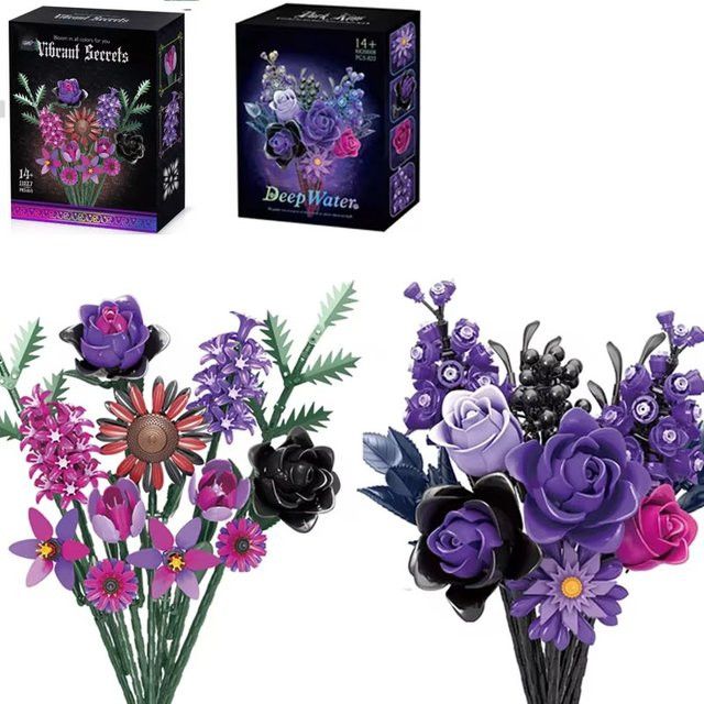 wishiot MOC Bausteine Künstliches Rosenbouquet Lila Multicolor DIY Blumen-Dekor Set - Bild 1
