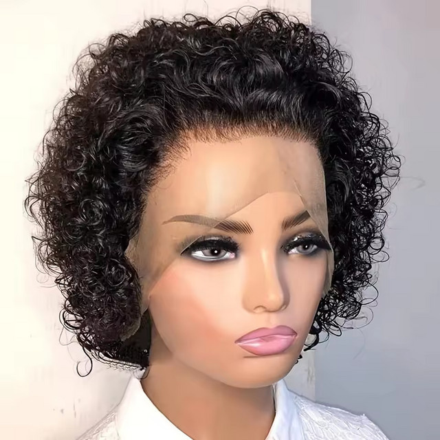 Doralia Pixie-Schnitt-Perücke, kurze lockige Bob-Perücke, Brasilianische Wasserwelle, transparente Spitzenfront - Bild 1