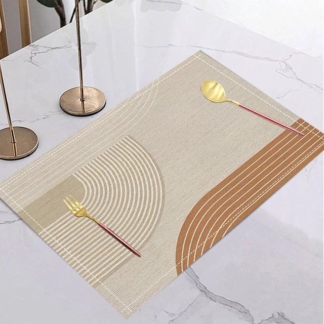 VIKAMA 4-teiliges Set Tischunterlagen aus Leinen mit gelbem geometrischem Muster, rutschfest und wärmeisolierend, beige - Bild 1