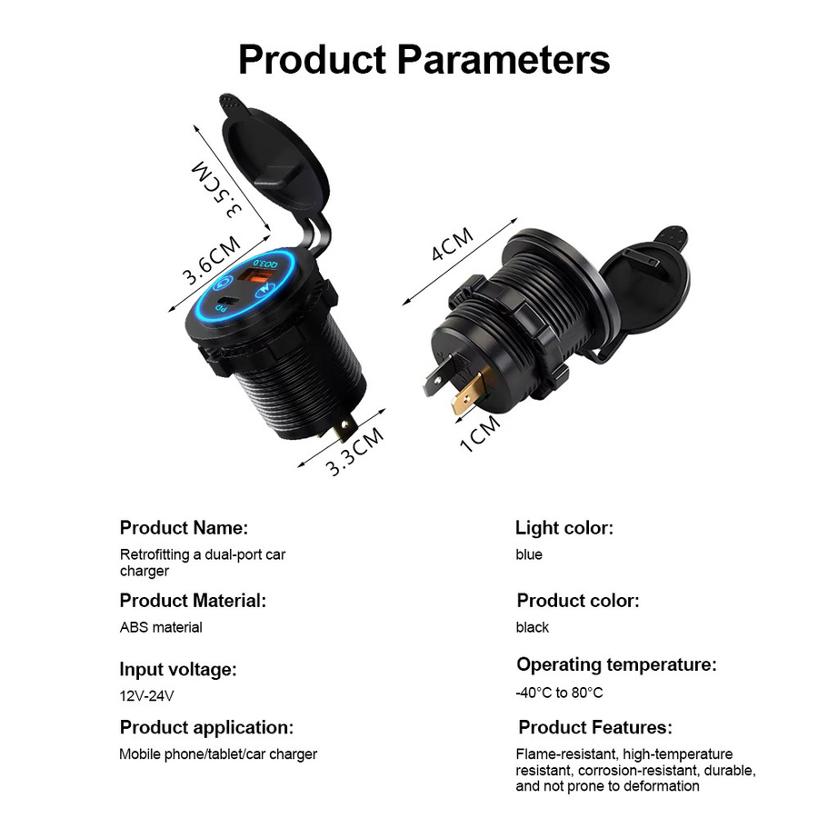 Kankeirr 48W PD QC3.0 Autoladegerät mit Knopf, wasserdichte Schnellladesteckdose für 12V/24V Motorrad, LKW und Boot, Schwarz - Bild 4