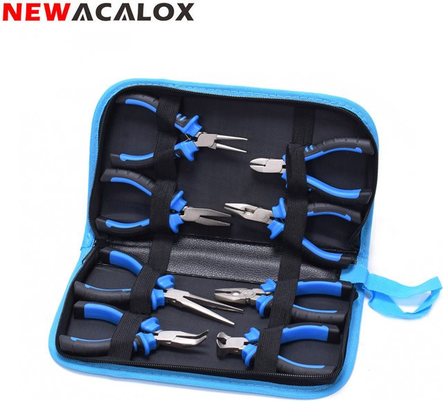 NEWACALOX 8-teiliges Mini-Zangen-Set mit Werkzeugtasche inklusive Spitzzange, Drahtschneider und Nylonbacke, Präzisionswerkzeug für Schmuckarbeiten, Länge: 11,4 cm - Bild 1