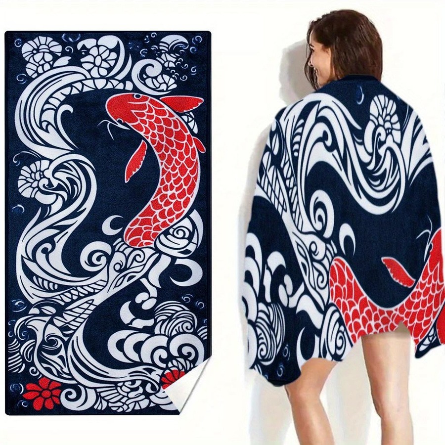 Vintage Japanisches Strandtuch mit Koi-Fisch und Blumendesign in Marineblau und Multicolor, Breite: 30 cm, Höhe: 60 cm - Bild 6