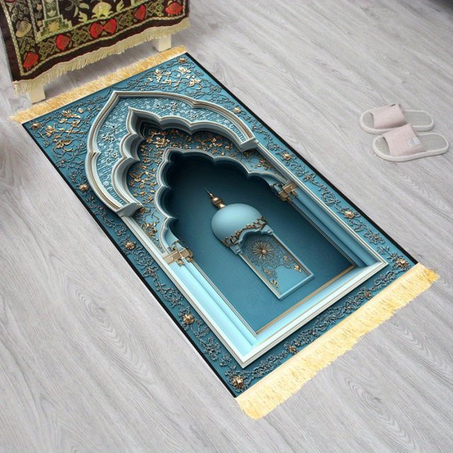 VIKAMA Gold Luxus-Gebetsteppich in Blau, rutschfest, maschinenwaschbar und mit Quasten, orientalisches Design - Bild 1