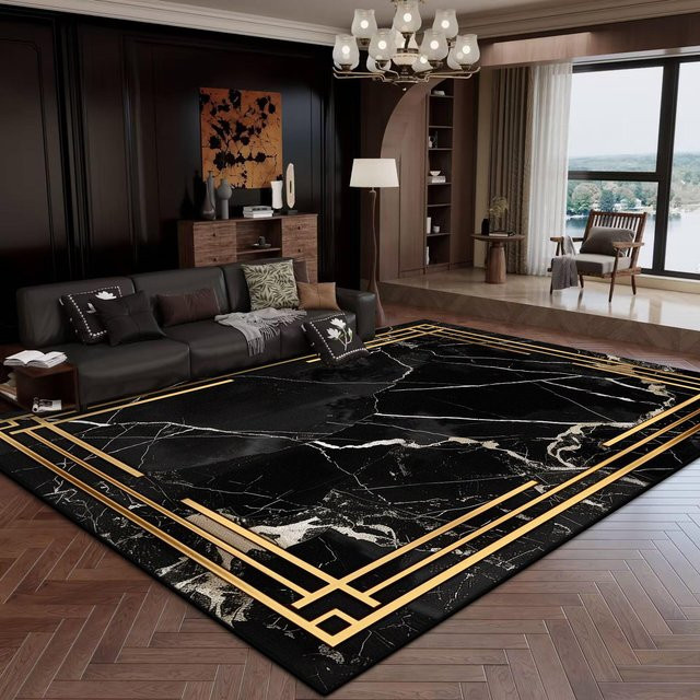 Karpetti Teppich Modern Schwarz Gold, Waschbar und Rutschfest, B x T: 100 x 160 cm - Bild 1