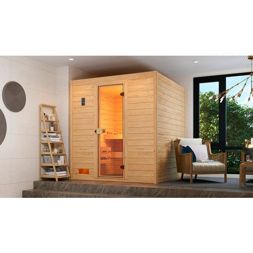WEKA Massivholzsauna Valida 3 für 4 Personen in Braun inklusive 7,5 kW Ofen mit externer Steuerung und Glastür - Bild 2