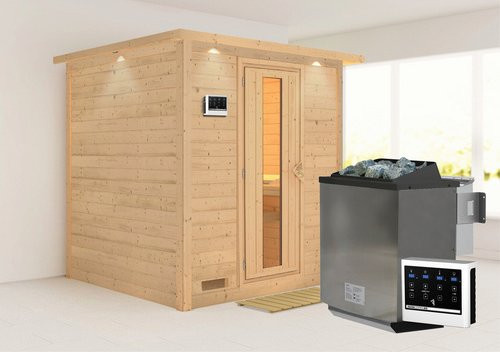 Karibu Sauna Sindi Bio-Kombi-Sauna für 4 Personen mit 9 kW Bio-Kombi-Saunaofen und externer Steuerung, beige - Bild 1
