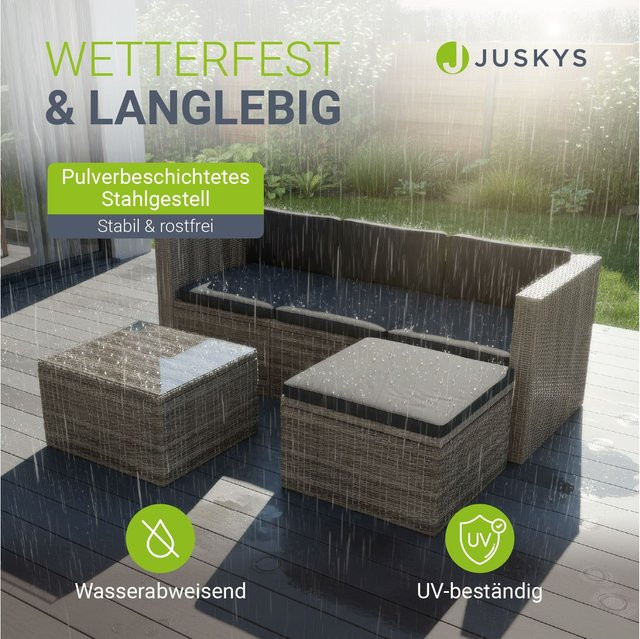 Juskys Polyrattan Gartenlounge Punta Cana M grau-meliert für 3-4 Personen mit Sofa, Tisch und Hocker sowie dunkelgrauen Bezügen - Bild 1