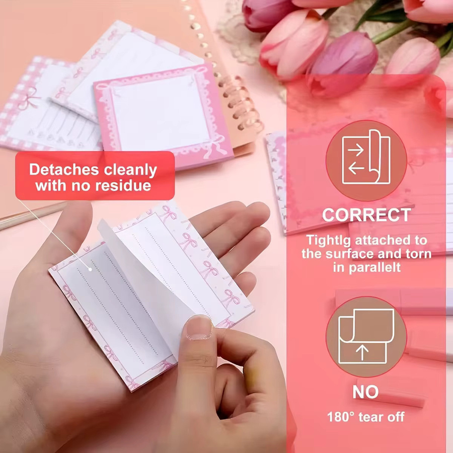 4er-Set klebrige Notizblöcke mit rosa Schleifen, Blumen- und Herz-Design in Pink für Schule und Büro - Bild 2