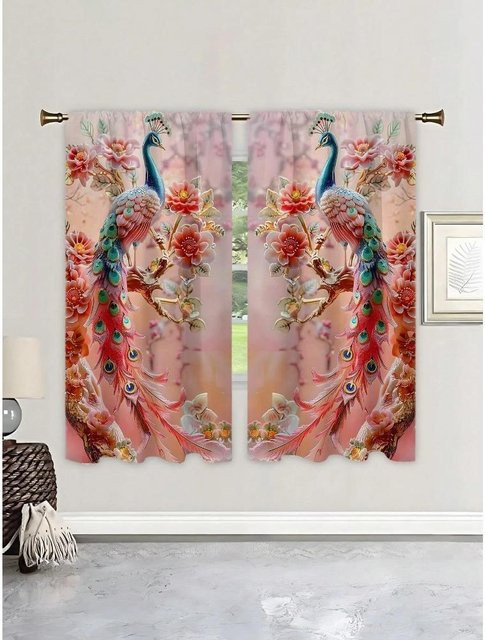 2er-Set Vintage Fenster Vorhänge mit blauem und goldenem Pfauenmuster, halbtransparent, B: 50 cm, H: 130 cm - Bild 1