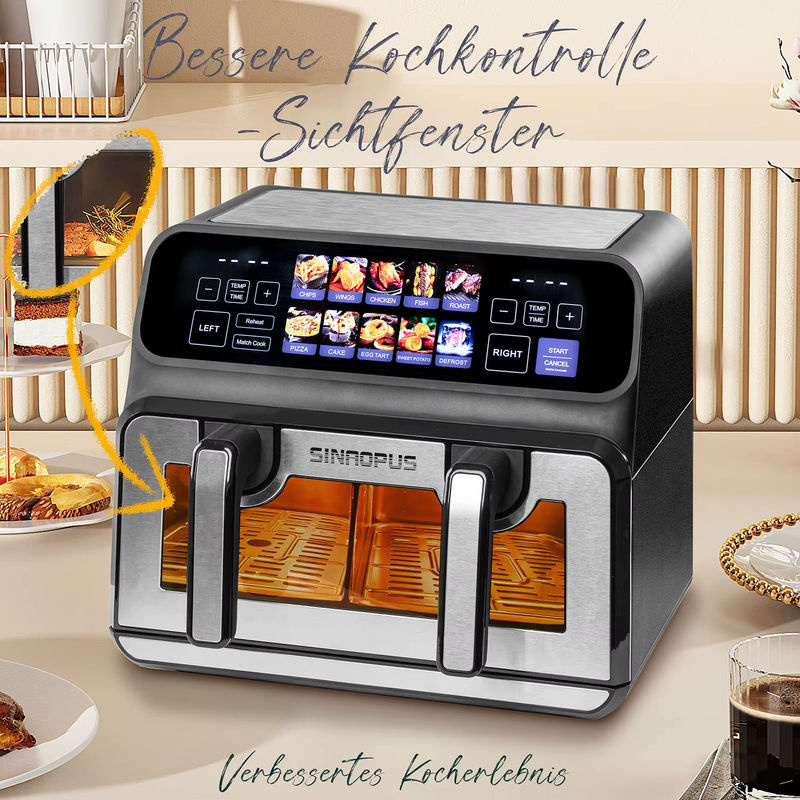 Sinaopus Heißluftfritteuse 2200W mit 9L Doppelkorb, Ölfreier Kocher in Schwarz mit LED-Touch-Steuerung und Sichtfenster, 10-in-1 Multifunktion - Bild 5