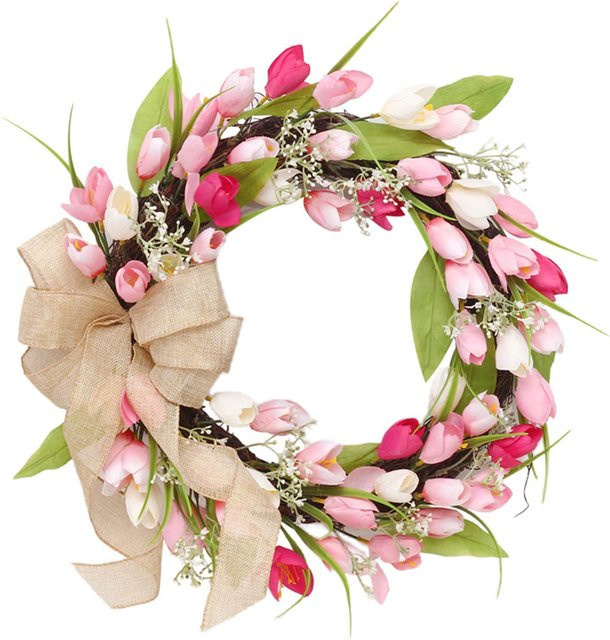 Dekorativer Tulpenkranz von TOMTOP JMS in Beige und Pink, künstlicher Blumenkranz aus Rattan und Textil für den Landhausstil, Durchmesser: 32 cm - Bild 1