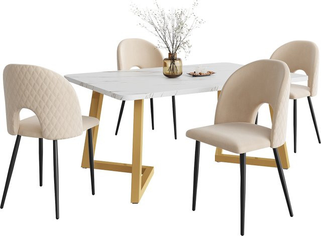 Ye Essgruppe mit Esstisch und 4 Stühlen in Beige, moderner rechteckiger Küchentisch mit Samtstühlen und goldenen Tischbeinen, B: 117 cm, T: 68 cm - Bild 1