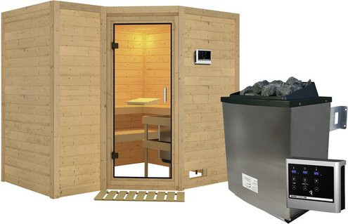 Karibu Sauna Riga 2 aus Fichtenholz in Beige inklusive 9 kW Saunaofen mit externer Steuerung für 4 Personen, B/T/H: 236 x 184 x 209 cm - Bild 1